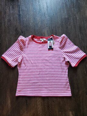 Rebecca Minkoff Womens XL Pink White Striped Crew Neck Puff Sleeve Knit Top